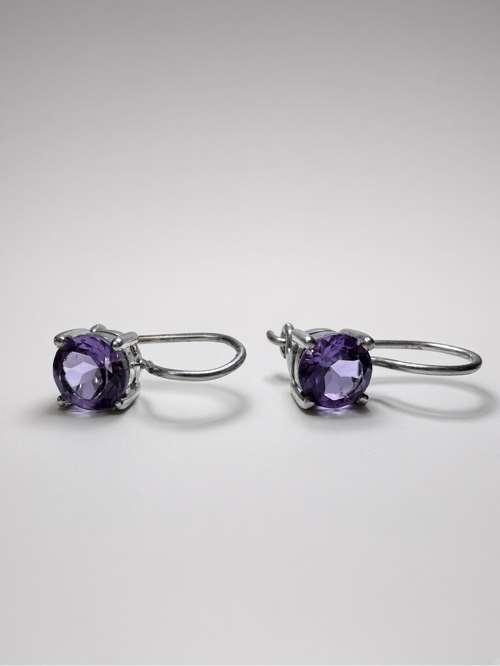 Vintage Sterling Silver 925 Round Amethyst Hook Earrings ~1/2” Drop